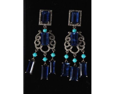 A SILVER, GOLD POST CHANDELIER KYANITE, DIAMOND AND TURQUOISE EARRINGS.