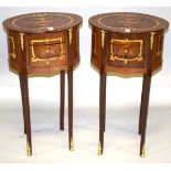 A PAIR OF LOUIS XVI STYLE INLAID OVAL BEDSIDE TABLES with two drawers, on curving legs. 2ft 4ins