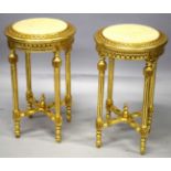 A GOOD PAIR OF LOUIS XVI STYLE GILTWOOD MARBLE TOP STANDS on four tapering legs. 2ft 3ins high x 1ft
