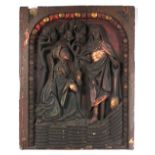 AN 18TH CENTURY CARVED WOODEN PANEL depicting in relief, MARY MAGDALENE and CHRIST. 29ins x 23ins.