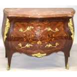 A LOUIS XVI BOMBE FRONTED MARBLE TOP COMMODE with marquetry inlay, two long deep drawers, ormolu