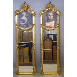A PAIR OF LOUIS XVI GILTWOOD LONG MIRRORS with portraits. 5ft 10ins high x 1ft 6ins wide.