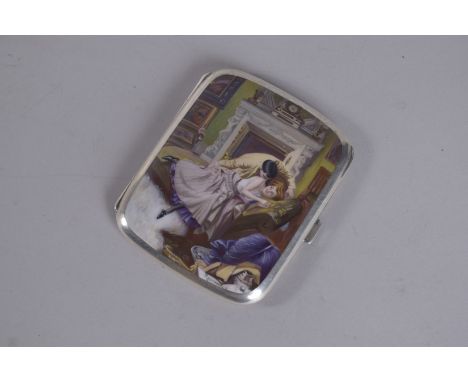 A GOOD STERLING SILVER AND ENAMEL TOP CIGARETTE CASE. Interior after Ruz Micek. 3.5ins x 2.75ins.