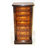 A VICTORIAN INLAID WELLINGTON CHEST OF SEVEN LONG INLAID DRAWERS. 4ft high x 1ft 10ins wide x 1ft