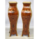 A GOOD PAIR OF LOUIS XVI STYLE INLAID PEDESTALS with ormolu mounts and square marble tops. 4ft