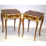 A GOOD PAIR OF LOUIS XVI STYLE INLAID SQUARE TOP TABLES on curving legs. 2ft 5ins high x 1ft 8ins