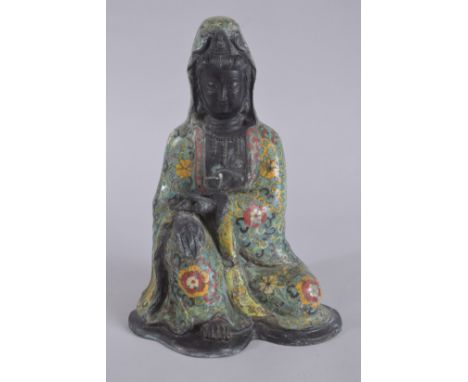 A GOOD SEATED FIGURE, bronze and cloisonne enamel. 11.5ins high.
