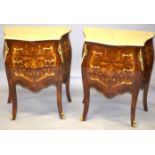 A SMALL PAIR OF LOUIS XVI STYLE MARBLE TOP COMMODES with two drawers, on curving legs.