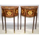 A PAIR OF LOUIS XVI STYLE INLAID HALF MOON BEDSIDE TABLES with two drawers, on curving legs. 2ft