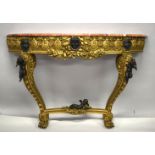 A LOUIS XVI STYLE GILTWOOD MARBLE TOP CONSOLE TABLE with bronze cupids. 4ft 3ins long x 1ft 4ins