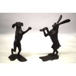A GOOD PAIR OF BRONZE BOXING HARES. 2ft 9ins high.