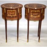 A PAIR OF LOUIS XVI STYLE INLAID OVAL BEDSIDE TABLES with two drawers, on curving legs. 2ft 4ins