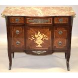 A LOUIS XVI STYLE INLAID MARBLE TOP COMMODE with shaped front, three long drawers with floral panels