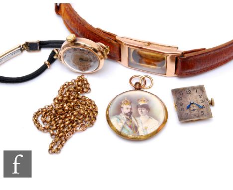 Two 9ct hallmarked manual wind wrist watches, a Tudor watch box and a gold plated open locket and chain, damaged. (4) 
