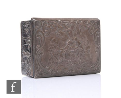 A hallmarked silver rectangular trinket box with embossed decoration of a family and figures in a landscape setting, weight 5