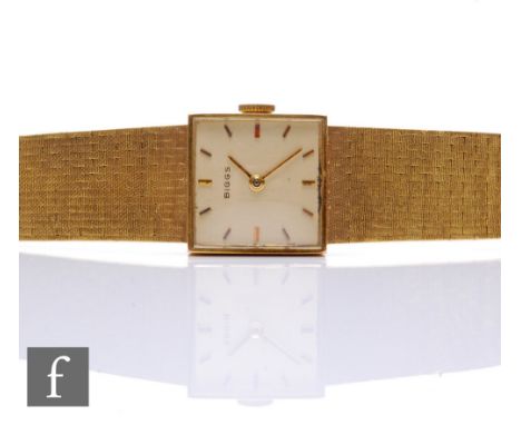 An 18ct hallmarked lady's Biggs manual wind wrist watch, batons to a square champagne dial, case width 16mm, to an integral f