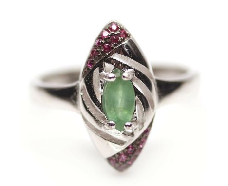 A 925 silver ring set with a marquise cut emerald and rubies, (O).