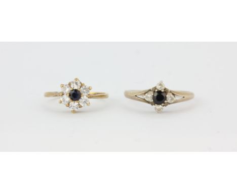 A hallmarked 9ct yellow gold ring set with a round cut sapphire and white stones, (K), together with a hallmarked silver ring
