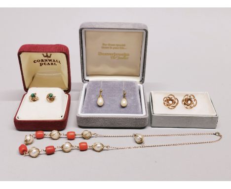 A pair of 9ct gold knot earrings with a pair of 9ct and turquoise earrings, a coral and pearl necklace and a pair of pearl dr
