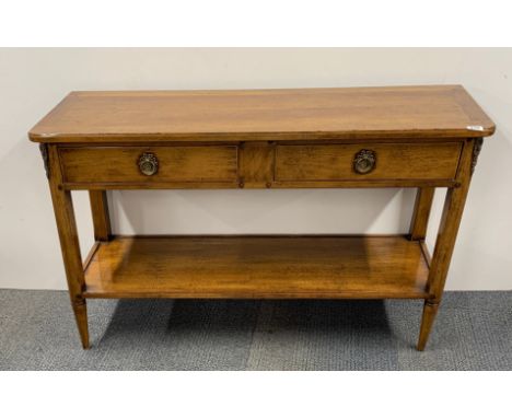 A high quality French console table with two drawers in an 18th century style in walnut and beach with brass handles, 125 x 4