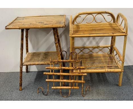 A Victorian bamboo side table with bamboo hat rack and a later bamboo shelf unit.