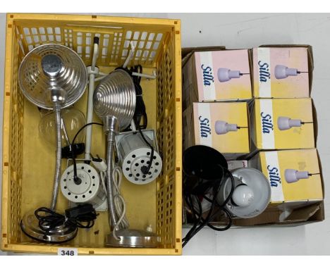 A group of six vintage Silla metal pendant lights and further vintage desk lamps.