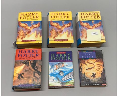 Three Harry Potter first edition hardbacks plus a further hardback, paperback and a copy of the Hobbit.