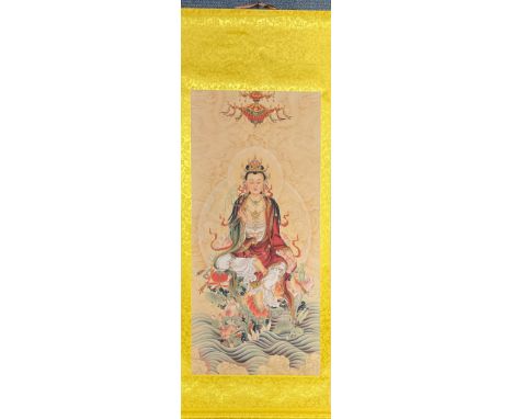 A fine Chinese print on a silk mounted scroll of the goddess Guanyin, scroll size 67 x 189cm.