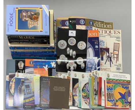 A group of antique collector's reference books together with Poole pottery collector's club magazines and other items.
