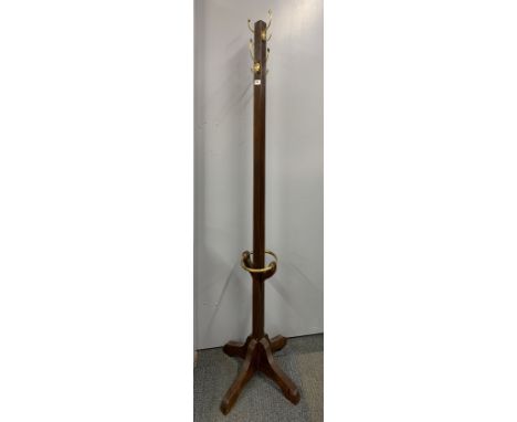 A vintage brass mounted wooden umbrella and hat stand, H. 177cm.