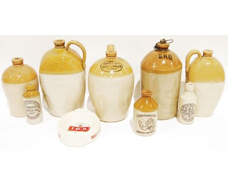 Quantity of stoneware flagons '3887 Geo Alyiffe Wine &amp; Spirit Merchant, Dursley', 'Dobell &amp; Co, Cheltenham' and three