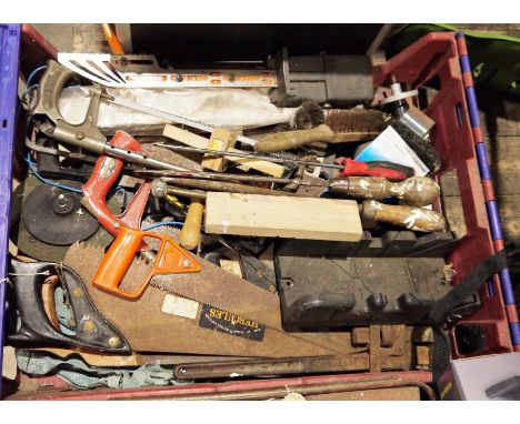 Assorted tools in ten boxes to include lump hammers, drill bits, clamps, a cantelever toolbox, spanners, screwdrivers, a core