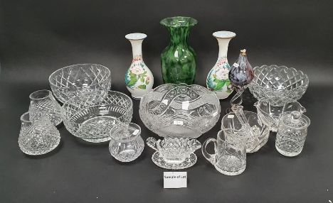 Various items of cut table glass, two&nbsp;opaque glass vases&nbsp;painted with flowers&nbsp;and other items including four c