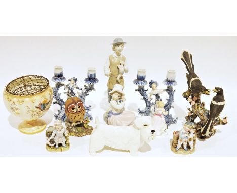 Nao-style figure of a young gentleman holding a duck, a Nao figure&nbsp;of a small girl sitting on a stool holding a puppy, a