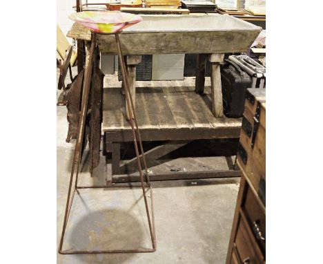 Lead-lined wood framed sink on wooden stand (108cm x 60cm x63cm) and a metal structure on four supports fitted with a glass b