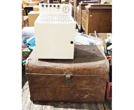 Vintage tin trunk and a child's vintage toy cooker (probably hand-made) , a wooden farm set and a box of vintage children's b