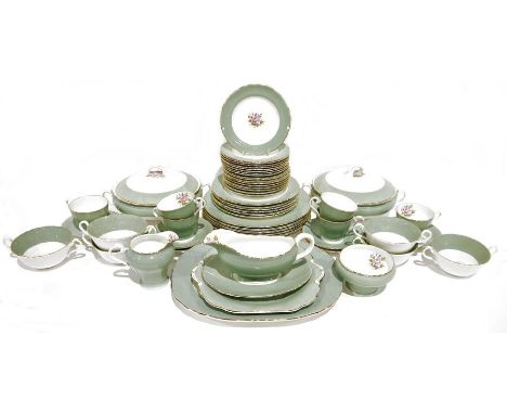 Part dinner service&nbsp;labelled 'Athol Fine Bone China, made in England' with pale turquoise rim and pink roses to the cent