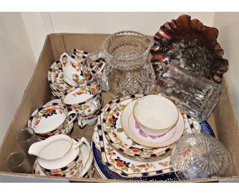 Assorted ceramics to include a part tea service Imari-style pattern, cut glass water jug, cut glass tankard, carnival glass b