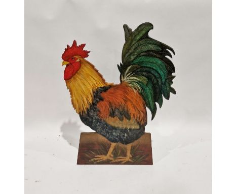 Carved and painted cockerel, probably used as a firescreen, signed on the back 'A. Churchill', 82cm high x 67cm widest part&n