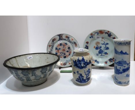 A Chinese blue and white bowl decorated with&nbsp;Esoteric Buddhist symbols, with bamboo rim, Qing&nbsp; dynasty, two Imari p