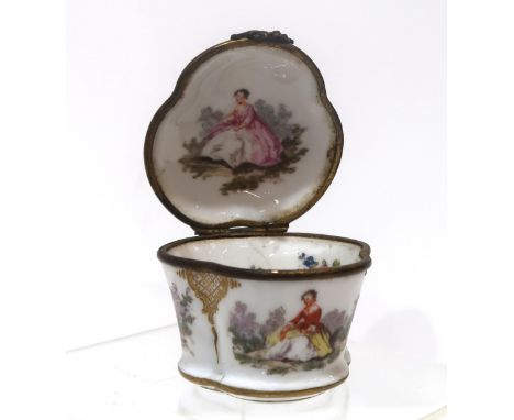 A Continental trefoil shaped patch box and&nbsp; cover with ormolu mounts, painted with figures in a landscape,19th century C