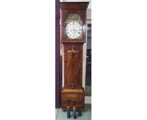 A 19th century mahogany cased "John Brown Kilmarnock" longcase clock with painted face depicting "the stirrup cup" over four 