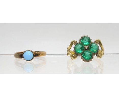 A yellow metal Victorian style green glass set ring, size R, together with a rose colour metal turquoise colour glass ring, s
