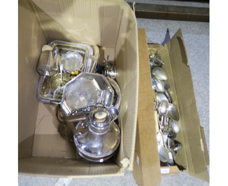 A collection of EPNS including a large quantity of loose cutlery, serving spoons, butter knives and forks, a teapot, hotel wa