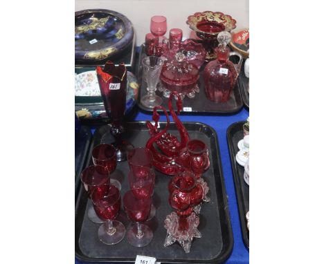 A collection of cranberry and ruby glass, including drinking glasses, vase, dishes etc Condition Report:No condition report a