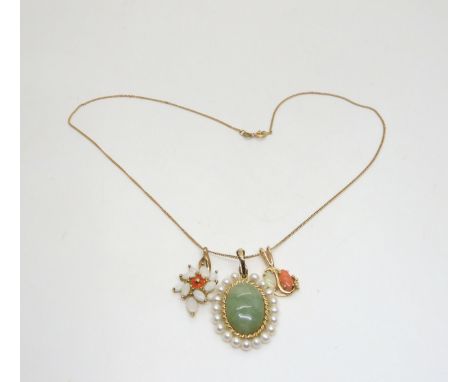 A 14k good pearl and green gem pearl pendant, a 14k gold coral and opal pendant weight together 5.7gms, together with a 9ct g