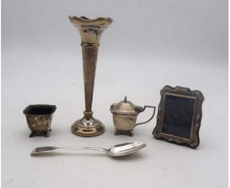 A collection of silver including a silver specimen vase (base weighted), by Harrison Brothers &amp; Howson Ltd, Birmingham, a