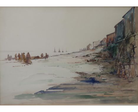 20TH CENTURY SCHOOL SEASCAPE WITH FISHERMEN Watercolour, 36 x 51cm Together with another THE TOWN OF LANARK, print multiple 3