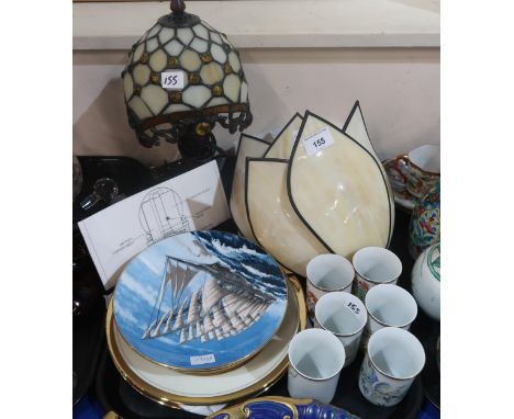 A Tiffany style table lamp and pair of wall lights, assorted plates and Japanese style beakers Condition Report:No condition 
