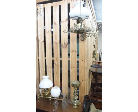 A mixed lot to include Victorian brass mechanical meat jack, hanging oil lantern, brass candle stick, trivet etc Condition Re